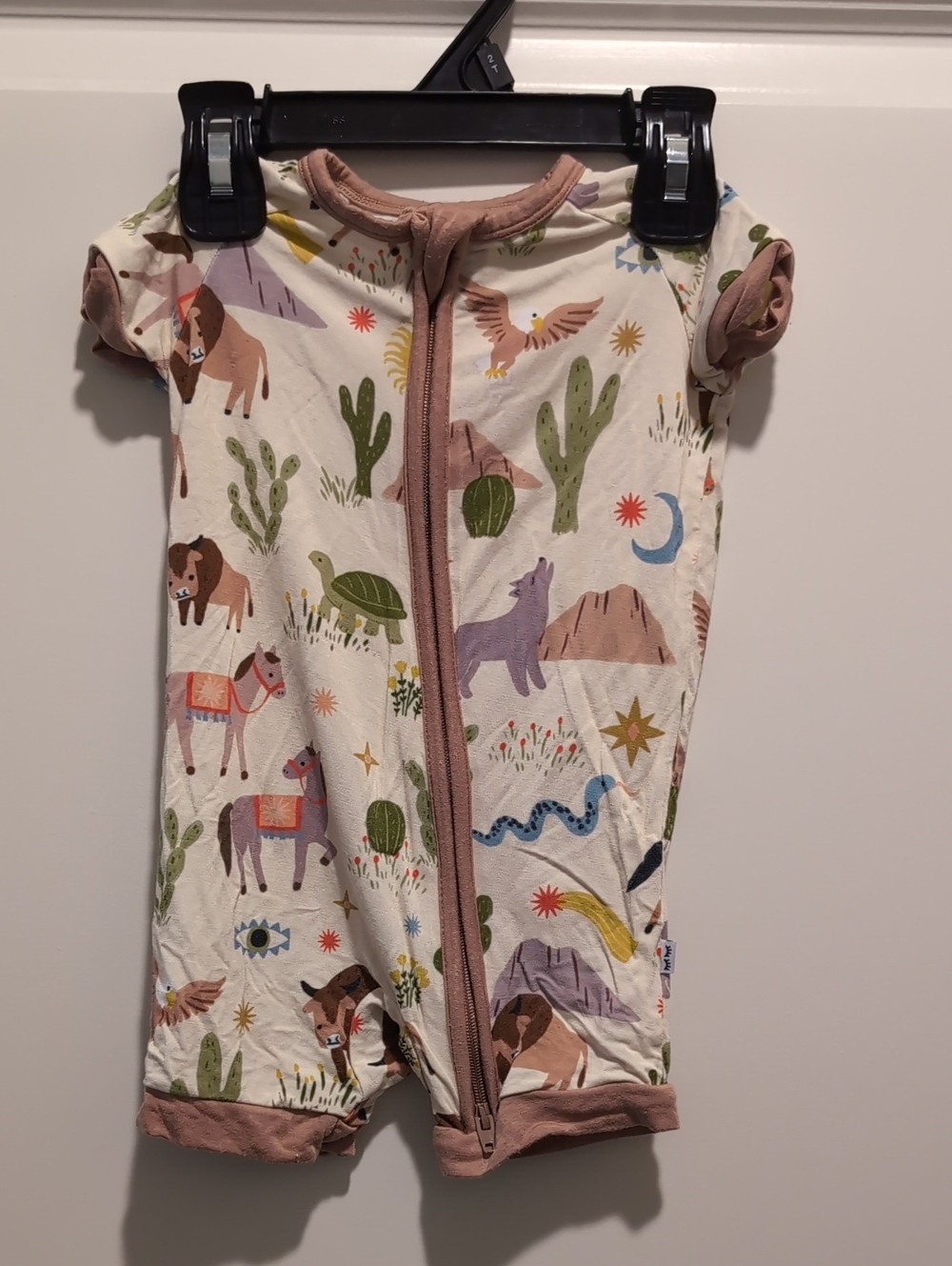 Little Sleepies Cream Short-Sleeve Zip Romper with Desert Animal Print